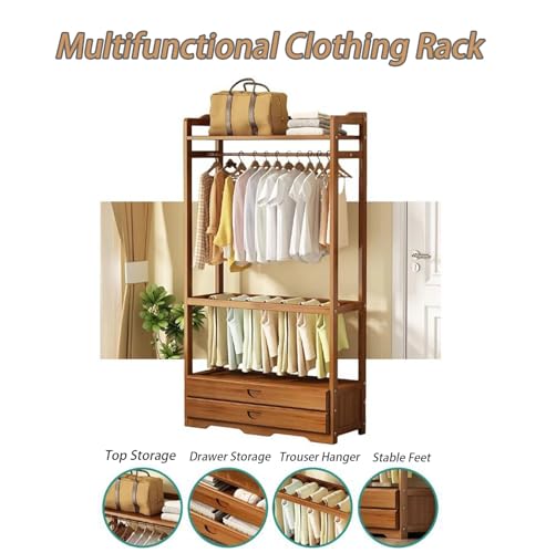Coat Rack Freestanding with Shelves, Wood Hall Tree with Top Shelf /2 Drawer and Clothing Rack, Standing Clothes Rack Closet Organizer for Entryway, Bedroom