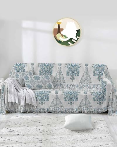 Boho Sofa Cover Couch Covers for 3-4 Cushion Couch Throw Couch Cover with Tassel Soft Sofa Slipcover Vintage Floral Texture Gray Green Furniture Protector Couch for Dog Pet 71