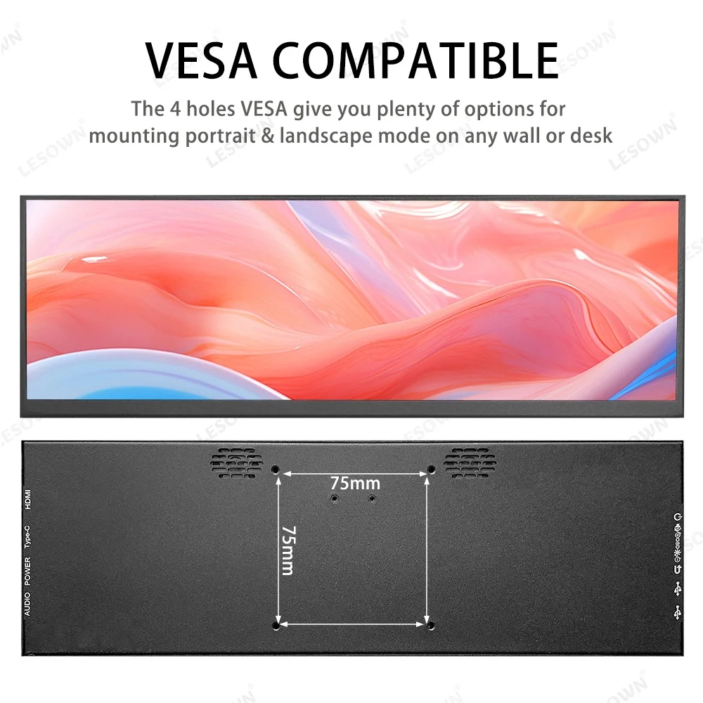 LESOWN 120Hz 12.7-inch Additional Strip LCD Monitor USB-C HDMI 100%sRGB 2880x864 IPS DIY Strip PC Case Assist Monitor for Raspberry Pi PC
