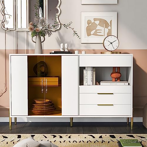 Storage Cabinets with Acrylic Doors, Light Luxury Modern Sideboard with Adjustable Shelves, Living Room Accent Cabinet Buffet Cabinet, Entryway Console Table, Elegant Unique Furniture, White
