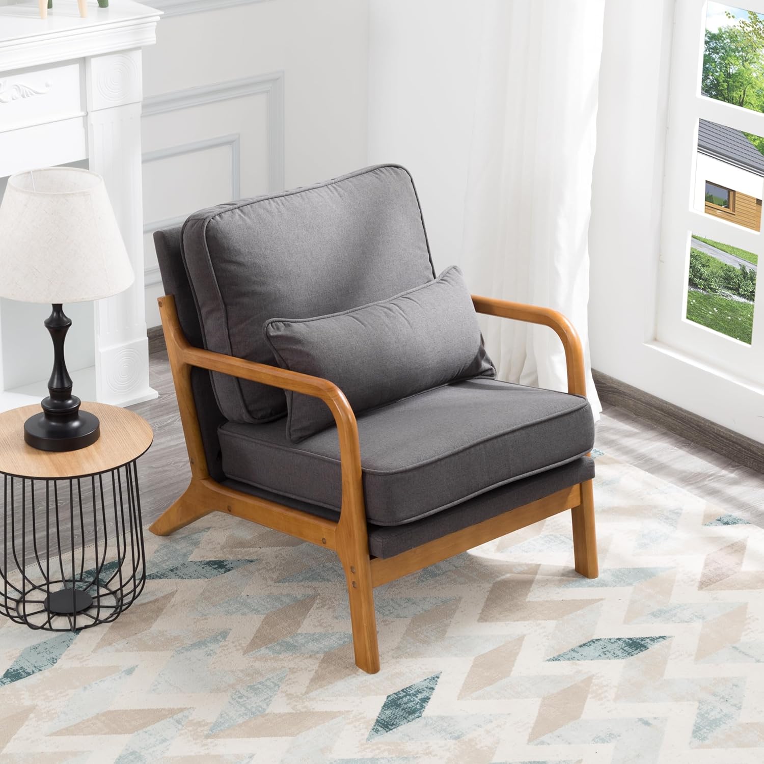 Accent Mid-Century Modern Pillow Upholstered Lounge Arm, Reading Armchair with Solid Wood Frame & Soft Cushion, Living Room Chairs for Bedroom,Sunroom, Grey