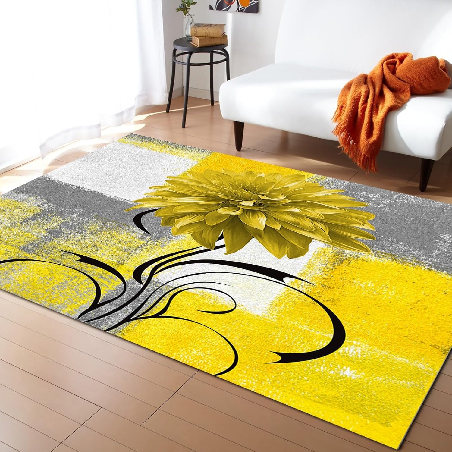 Modern Yellow Dahlia Area Rug, 4x6ft, Vintage Yellow Gray Geometric Living Room Carpet, Pet Friendly Absorbent Bedside Rug, Durable Non-Slip Home Decor Rugs for Nursery Bedroom