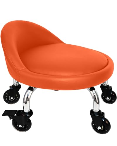 Rolling Stool with Backrest 450 Lbs High Weight Capacity PU Leather Roller Seat and Heavy-Duty Crystal Universal Wheels for Men Women Boy Girl Furniture Gift, Home Office Orange