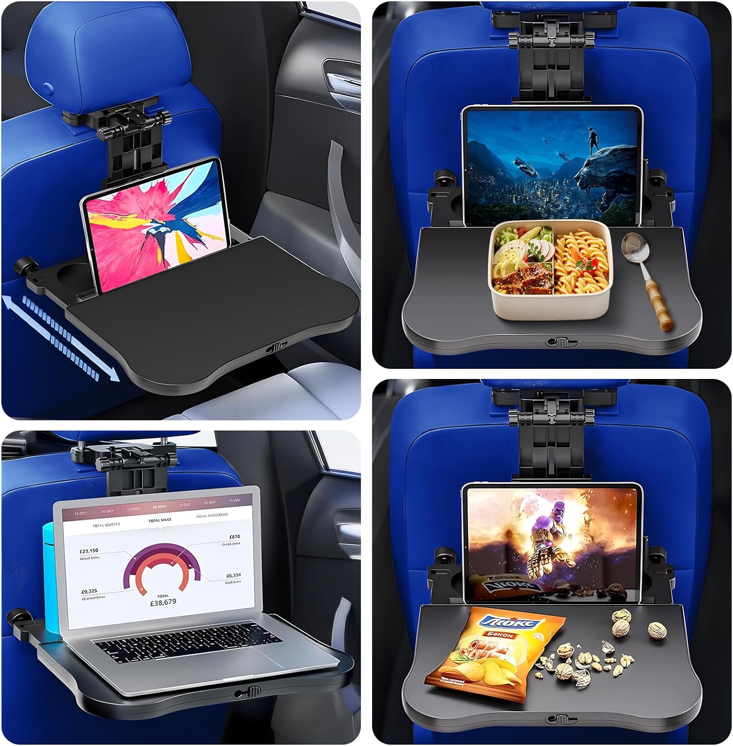 Car Seat Tray Table - Foldable Car Kids Passenger Roadtrip Eating Food Backseat Travel Trays Dinning Working Laptop Desk with Non-Slip Pad/Phone/Tablet Holder