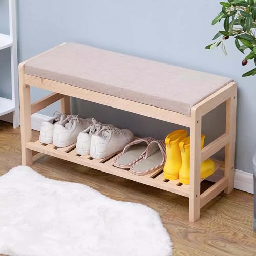 Shoe Bench Rack for Entryway 24x12x18 Inches, Solid Wood Storage Bench, Sturdy Shoe Organizer with Cushion, Upholstered Entryway Bench, Bamboo Shoe Shelf, Simple Style