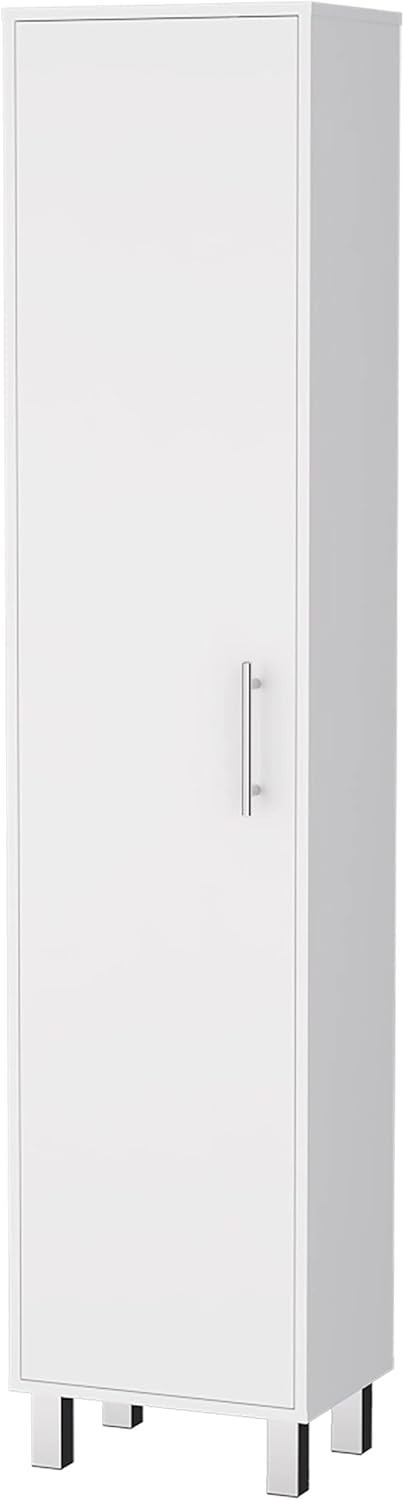 Lawen Tall Storage Cabinet, Single Door, 3 Broom Hangers,White -Kitchen
