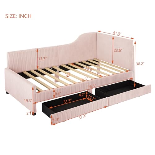 Merax Twin Size Corduroy Daybed, Upholstered Day Bed Frame with 2 Large Storage Drawers, L-Shaped Sapce Saving Corner Sofabed for Kids, Teens & Adults, Wood Slat Support, Beige