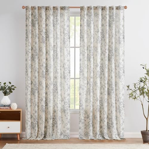 jinchan Linen Curtains Floral Curtains for Living Room 84 Inches Long Printed Curtains with Tassels Rod Pocket Farmhouse Rustic Peony Flower Patterned Drapes Bedroom Window Curtains Set 2 Panels