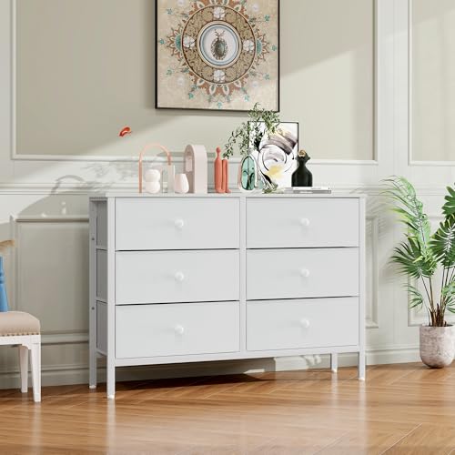 LYNCOHOME White Dresser for Bedroom, White Chest of 5 Fabric Drawers for Bedroom, Coat Closet, Check Room, Tall White Fabric Dresser