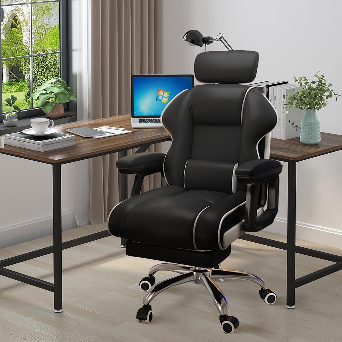 Executive Computer Chair Home Office Desk Chair,Adjustable Angle, Ergonomic Adjustable Height PU Leather Chairs with Cushions Armrest for Long Time Seating-High Office Chair with Footrest