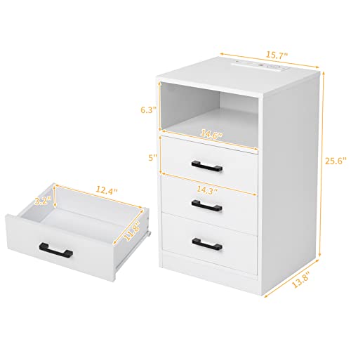Farmhouse End Table Storage Cabinet,Wood Drawers End Side Table,Open Shelf LED Nightstand,Wooden Sofa Bedside Table,with Charging Station and LED Light, for Bedroom Living Room Office Dorm (White)