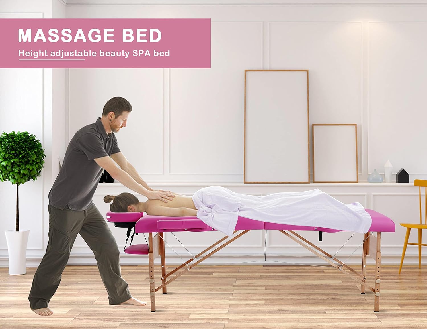 28 Inch Massage Table, 2 Fold Lash Bed, Height Adjustable, Massage Bed, Massage Tables Portable with /Carry Case/Face Cradle/Hand Pallet, Tattoo Table for Eyelash Extensions, Spa, Facial, Pink