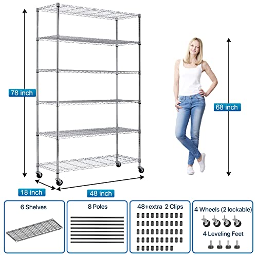 Dkelincs 6 Tier Wire Shelving Unit with Wheels 48