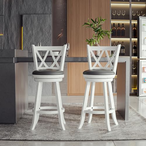 Xilingol Bar Stools with X-Back, Seat Height Counter Height Swivel Barstools with PVC Cushioned Seat, Upholstered 360 Degree Swivel Bar Chair, Footrest & Wood Legs (Grey, 24