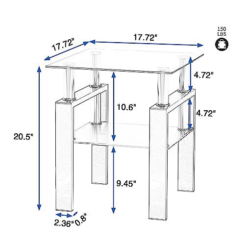 Glass Side Table 2-Tier Modern Glass Top Corner Table Living Room Side Table with Metal Leg for Living Room, Dining Room, Bedroom (White-H, 1pc)