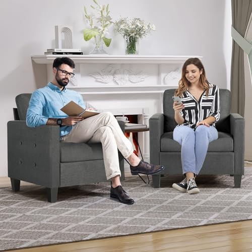 GRAVFORCE Mid Century Accent Chair Set of 2, Fabric Armchair for Living Room, Upholstered Reading Chair, Modern Button Tufted Single Sofa with Lounge Seat for Bedroom, Office (Dark Grey)