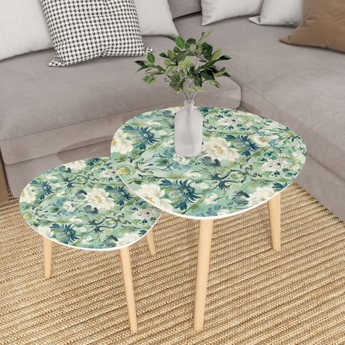 Small Coffee Nesting Table East Asian Motif Floral Mythical Creatures Watercolor Art Triangle End Table Center Table Set of 2 Modern Side Table for Living Room Bedroom Balcony