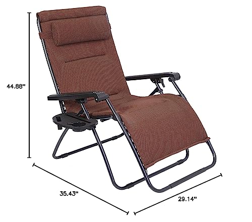 Oversize XL Padded Zero Gravity Mesh Lounge Chair Dark Brown Mesh Wider Armrest Adjustable Recliner with Cup Holder, Support 350 LBS