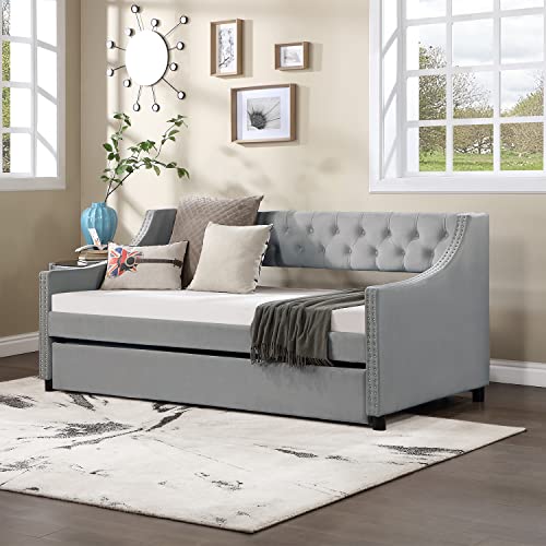 kevinplus Velvet Daybed with Trundle Upholstered Tufted Sofa Bed, Modern Comfortable Full Size Day Bed Roll-Out Bed Frame for Living Room Bedroom Small Space, No Box Spring Needed (Full-Grey)