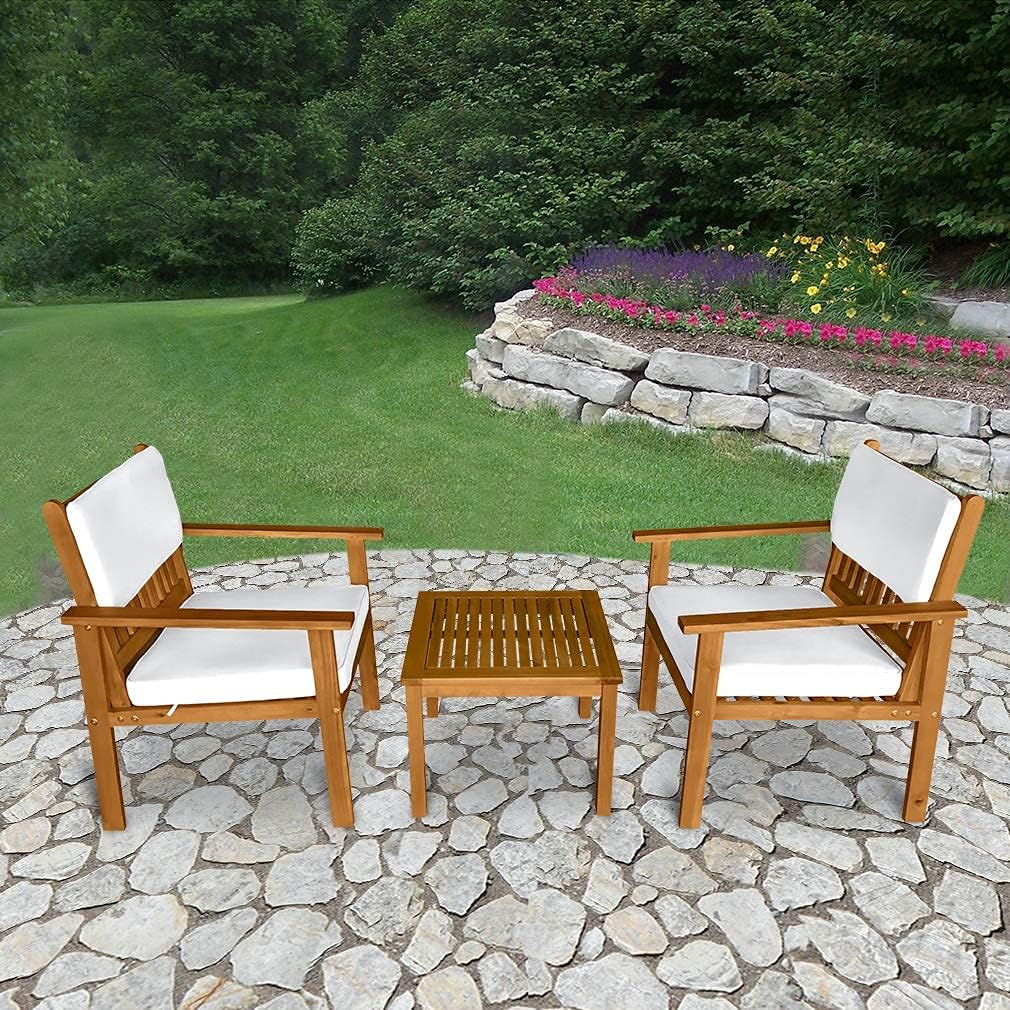Acacia Wood 3 Piece Patio Bistro Sets Conversation Set Patio Furniture Porch Table and Chairs Set of 2 with Water Resistant Cushions for Balcony Poolside,Patio, Garden, Backyard, (BHP-3625-Nature)