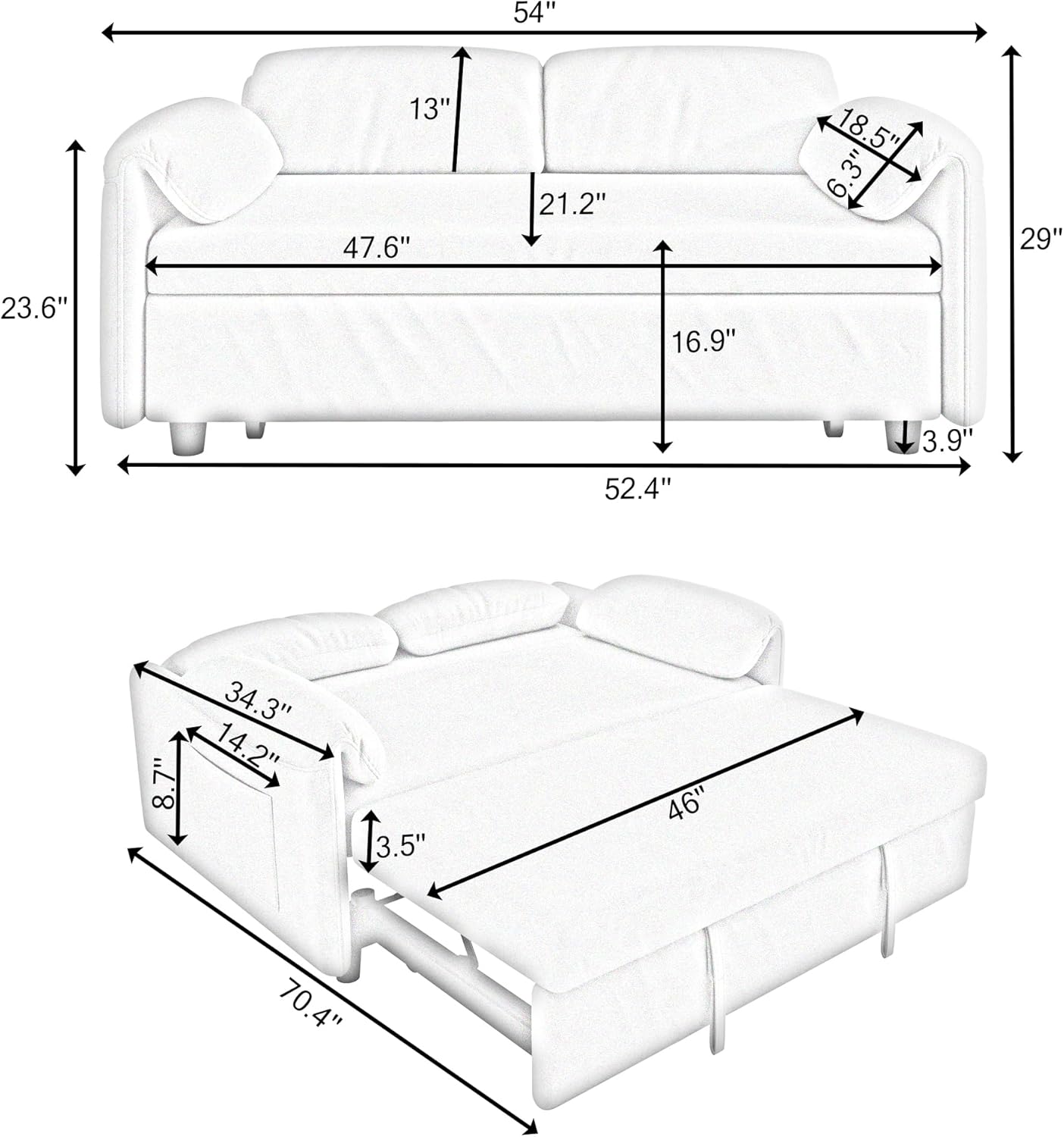 Convertible Sleeper Sofa with Pullout Bed, Upholstered Velvet Mini Couch w/Adjsutable Backrest & Side Pockets, 54