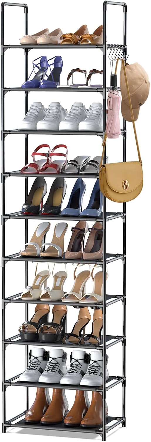 10 Tiers Tall Shoe Rack, 20-25 Pairs Boots Organizer Storage Sturdy Narrow Shoe Shelf, Black Metal Stackable Shoe Rack for Entryway, Closet with Hooks