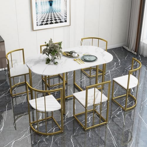 Wooden&Steel Dining Table Set for 6, 7-Piece Dining Room Set with 6 Chairs, 55 Inch Rectangular Dining Table with 6 Compact Chairs Breakfast Nook for Kitchen Restaurant(White+Cherry)