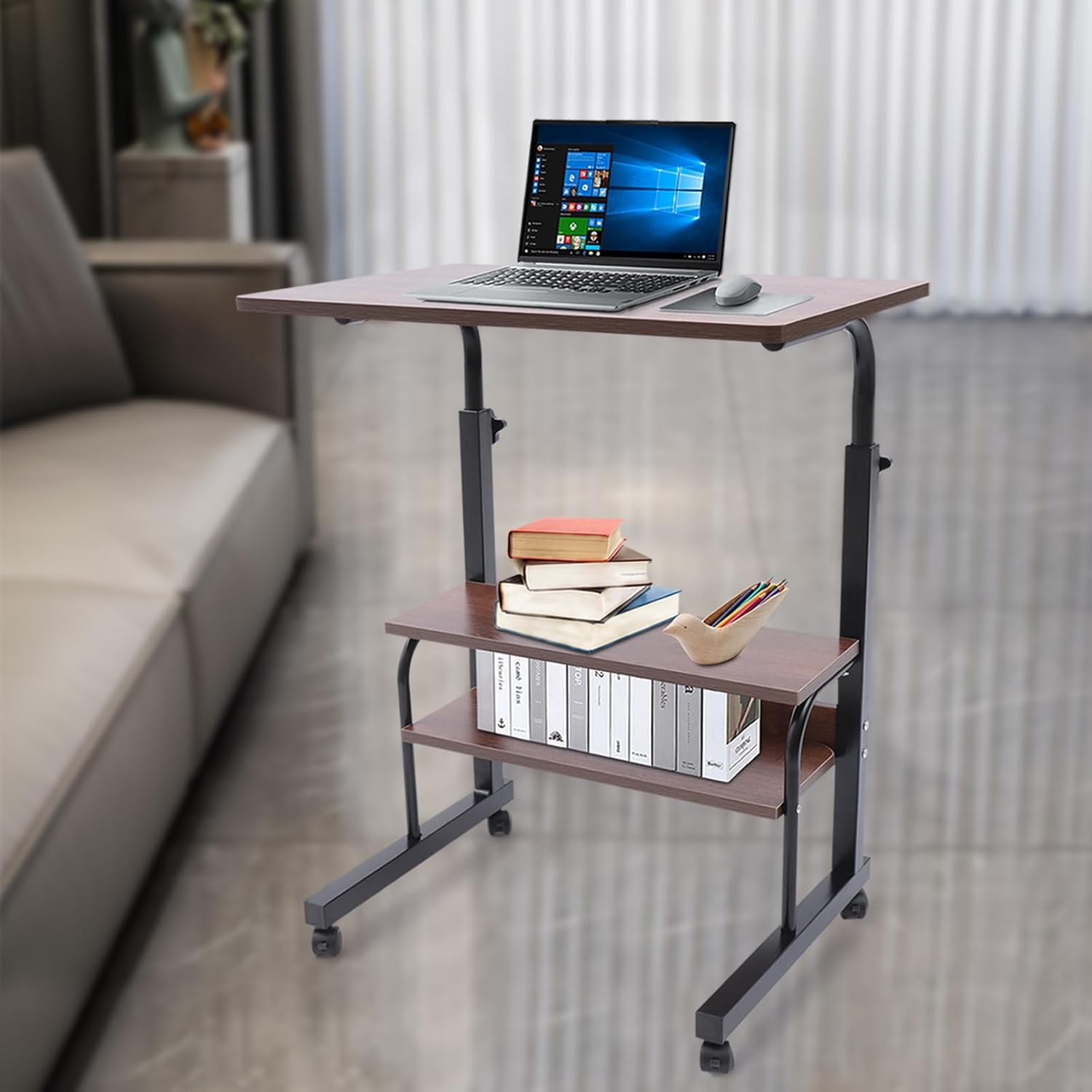 Mobile Side Table, 3 Tier Height Adjustable Rolling Standing Desk with Wheels, Sofa Bed Side Table Laptop Standing Desk for Living Room Bedroom Office, Brown