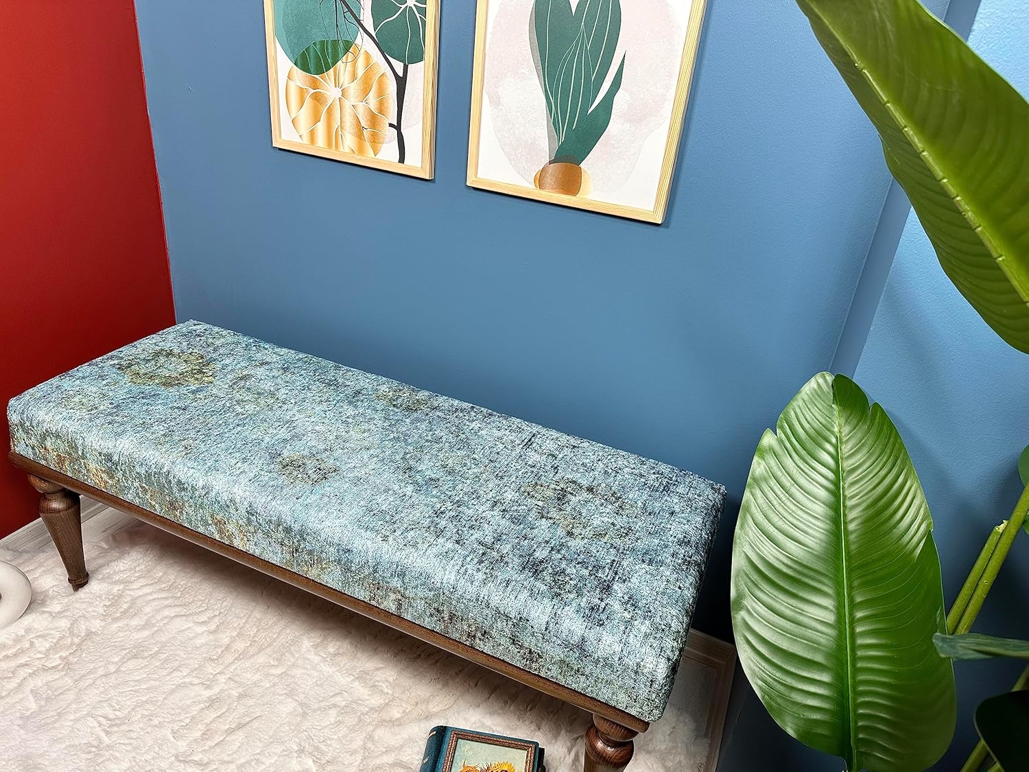 Rustic Upholstered Ottoman Bench for Living Room, Entryway, or Bedroom - Vintage Bohemian Wooden Accent Furniture with Cushioned Seat - Multi-functional Footstool for Modern Home Decor