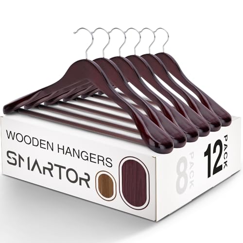 SMARTOR Suit Hangers for Men, 8 Pack - Wide Shoulder Wooden Suit Hangers with Non Slip Pants Holder, Wide Hangers for Suit, Coat, Jacket, Gown, Heavy Duty Wood Suit Hanger - Walnut