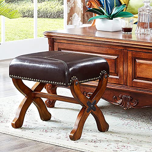 Leather Footrest Wood Ottoman,Rustic Foot Stools Ottoman Seat, Wood Footstool,Rectangle Footrest Small Ottoman for Living Room Bedroom (Brown)