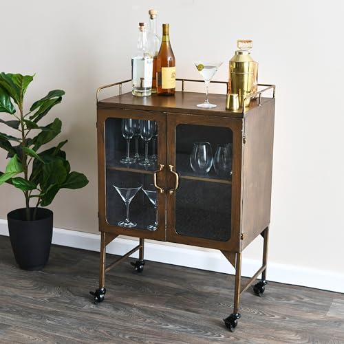 Creative Co-Op Vintage Metal Bar Cabinet with Glass Doors and Wheels, Antique Brass