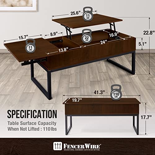 Fencer Wire Lift Top Coffee Table w/Sliding Drawer, Rising Tabletop Coffee Table w/Hidden Compartment & Sliding Drawer, Storage Coffee Table w/Lift & Sliding Top for Living Room, 41
