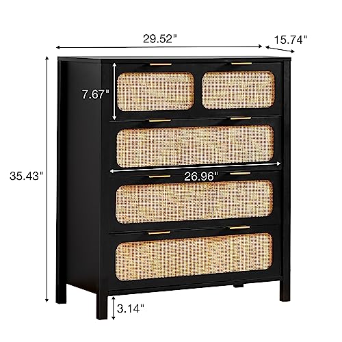 4 Drawer Dresser, Modern Rattan Dresser Chest with Wide Drawers and Metal Handles, Farmhouse Wood Storage Chest of Drawers for Bedroom, Living Room (Black-4 Drawers)
