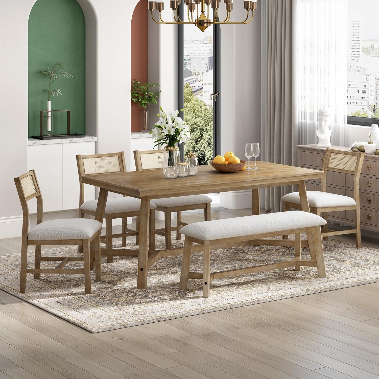 YUNLife&Home Retro Farmhouse Style Dining Set for 6, Oak Veneer, Rattan Backrests, Rectangular Table and 4 Upholstered Chairs and 1 Bench for Diningroom and Kitchen, 72