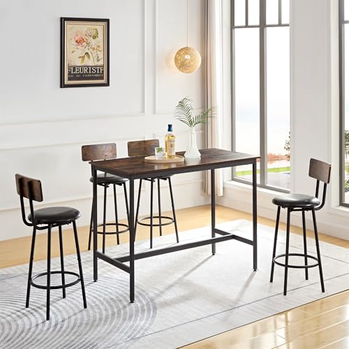 5 Piece Dining Room Table Set, Bar Table and 4 Round Chairs, Industrial Counter Height Pub Table, PU Upholstered Stools with Backrest, for Modern Home Kitchen Breakfast & Coffee Shop, Rustic Brown