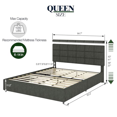 Full Size Linen Upholstered Platform Bed with One Large Storage Drawer in The Footboard and Drawer on Each Side,Noise-free Bed Frame,No Box Spring Needed, Easy Assembly, Gray