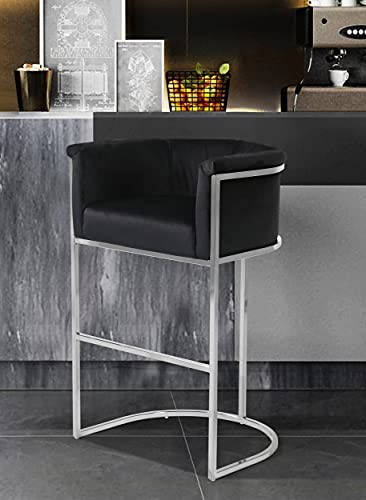 Finley Bar Stool Chair Velvet Upholstered Rolled Shelter Arm Design Half-Moon Chrometone Solid Metal U-Shaped Base, Modern Contemporary, Black