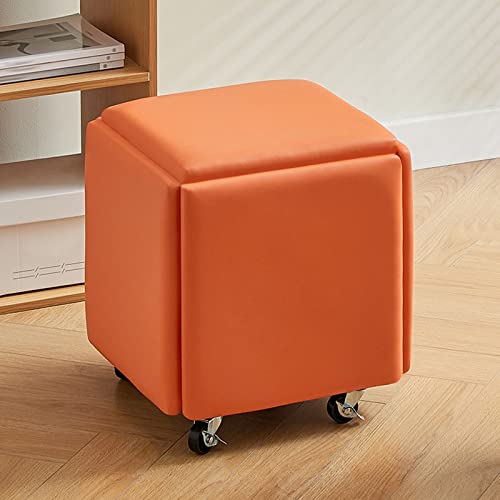 5 in 1 Nesting Ottoman Cube Chair, Stackable Stools, Leather Square Ottoman Bench, Foot Stool with Wheels for Bedroom Living Room,Dining Room, Ottoman Set of 5 (Size : Orange A)