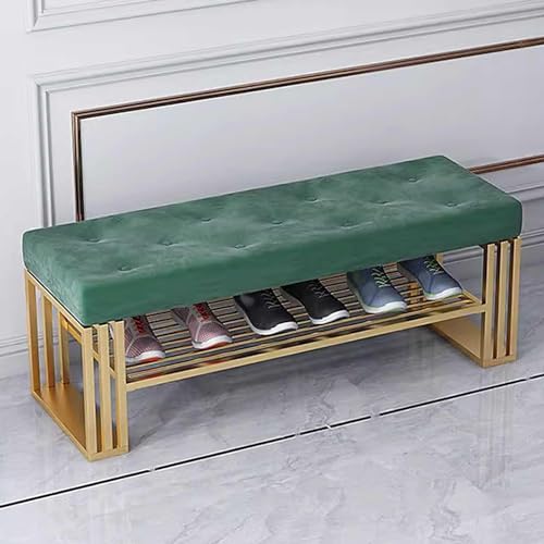 Entrance Bench with Shoe Storage, Gold Metal Shoe Rack with Velvet Seat Cushion, 2 Layers Narrow Hallway Bench Indoor