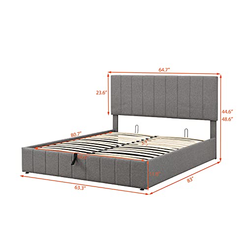 Upholstered Queen beds Gas Lift Up Storage Platform Bed Frame with Tufted Headboard Wooden Slat Support and Under Bed Storage for Kids Teens Adults, Beige