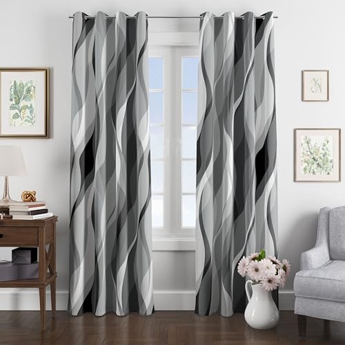 Yellow and Grey Curtains Decorative 50% Light Blocking Darkening Grommet Yellow Curtain for Living Room Villa, Bedroom Gray and White 2 Panels Set, 52x84 Inches