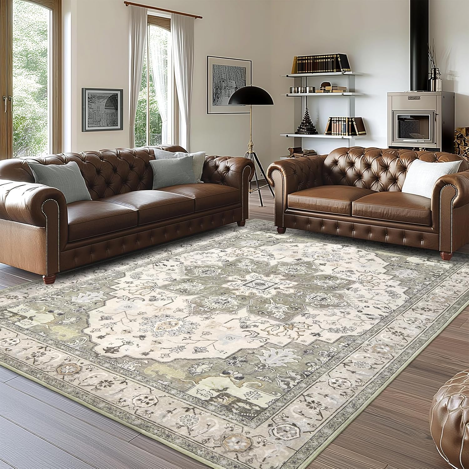Large Area Rug for Living Room 9x12 - Vintage Machine Washable Rugs Traditional Neutral Floor Carpet Soft Low Pile Area Carpet Big Oriental Rug Stain Resistant Modern Rug for Bedroom - Grey/Beige