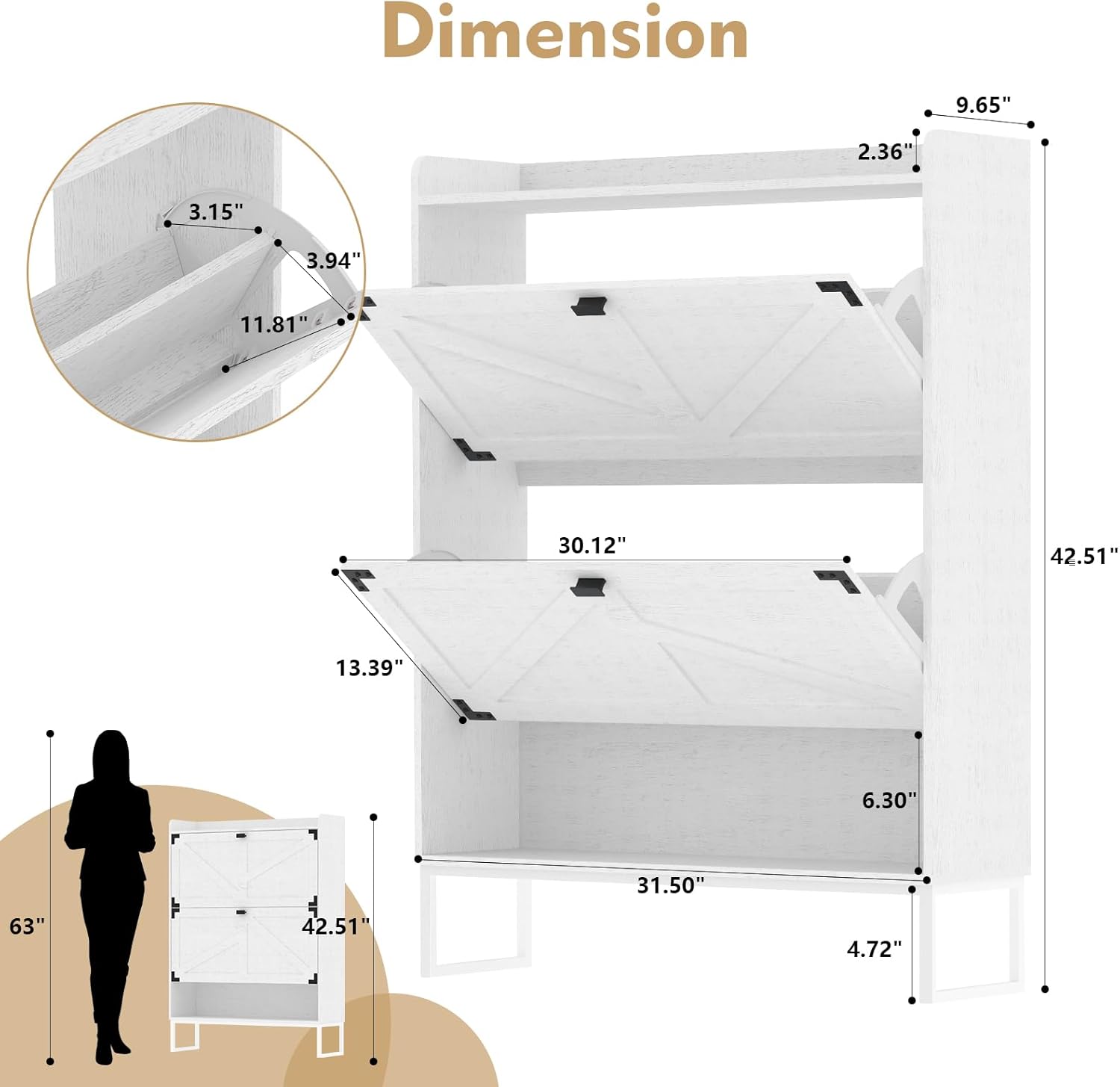 Farmhouse Shoe Cabinet with 2 Flip Drawers, Shoe Storage Cabinet with Metal Leg & Open Storage, Wooden Shoes Rack Narrow Shoe Storage Organizer for Entryway, Hallway, Living Room, White