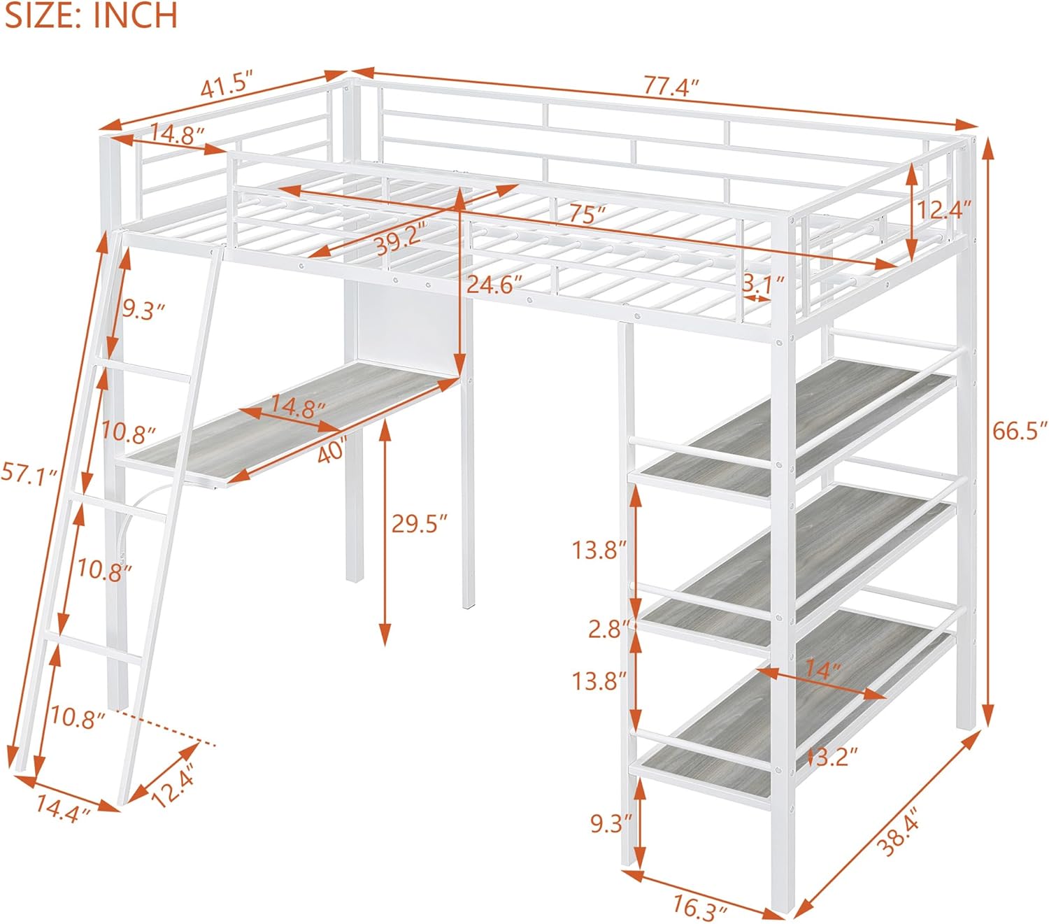 Twin Size Loft Bed Metal with Desk and Storage Shelves, with 3 Layers, Space Saving with Underneath and Whiteboard, High Loft Bed for Junior & Teens