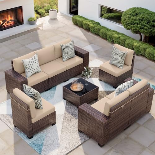 Patio Furniture Set, 8 Pieces Outdoor Sectional Sofa Conversation Sets with Waterproof Cover Modern Wicker Seating Set, 4'' Thickened Cushions 1 Glass Coffee Table 2 Armless Sofas, Navy Blue