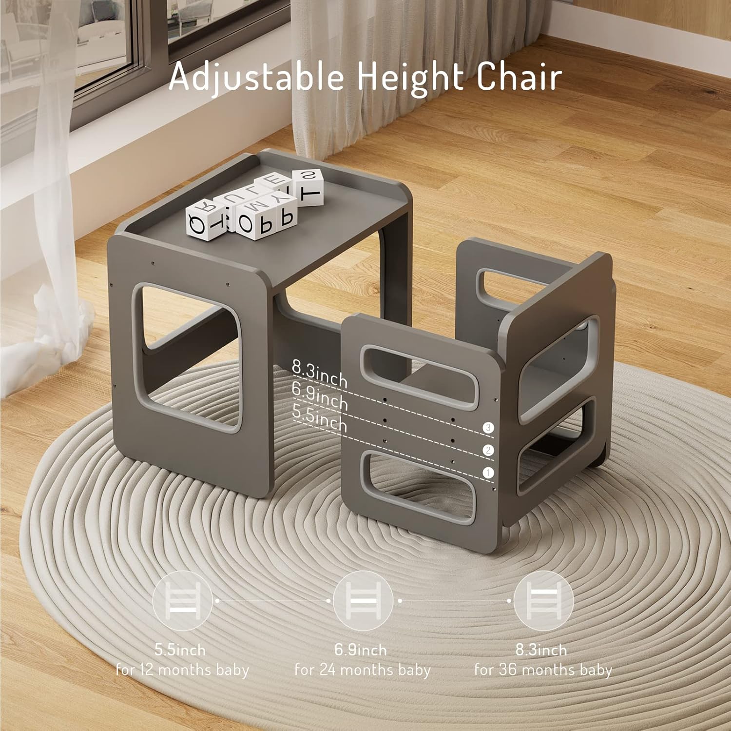 Tilhumt Montessori Weaning Table and Chair Set and 2-in-1 Busy Board for Toddler, Kids Table and Chair Set, Adjustable Height Activity Table with Fence for Toddle Montessori Toys Read, Play, Arts