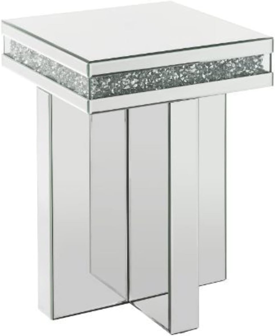 Ergode End Table Mirrored & Faux Diamonds - Unique Cross Base, Dazzling Diamond Borders - Sturdy 4mm Table Top - Reflects Light - Innovative Furniture for Home