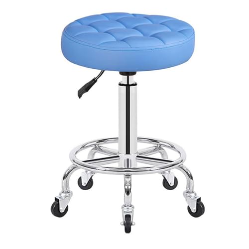 Adjustable Rolling Stool with Wheels, Round Rolling Stool with Foot Rest,PU Leather Swivel Stool Chair for Spa Drafting Salon Tattoo Work Office Massage Stools Cushi blue