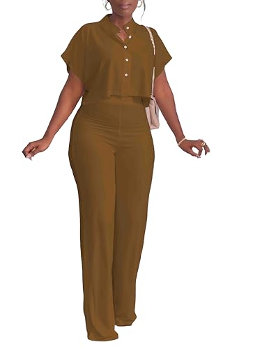 Women's Summer 2 Piece Outfits Casual Tracksuit Short Sleeve Button Down Crop Top Wide Leg Long Pant Lounge Sets